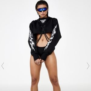 Dollskill CLUBEXX chained reflective crop hoodie.